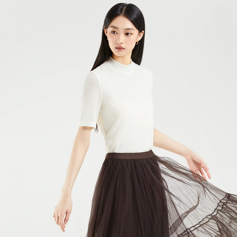 半高领短袖T恤上衣简约百搭休闲风修身打底衫163P4113