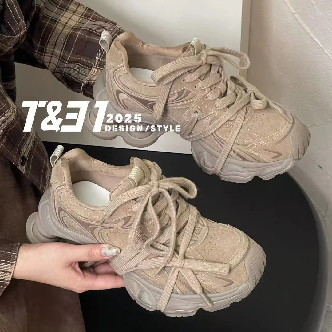 T31女鞋2025秋运动休闲鞋先百搭轻便牛皮绑带增高厚底气垫老爹鞋