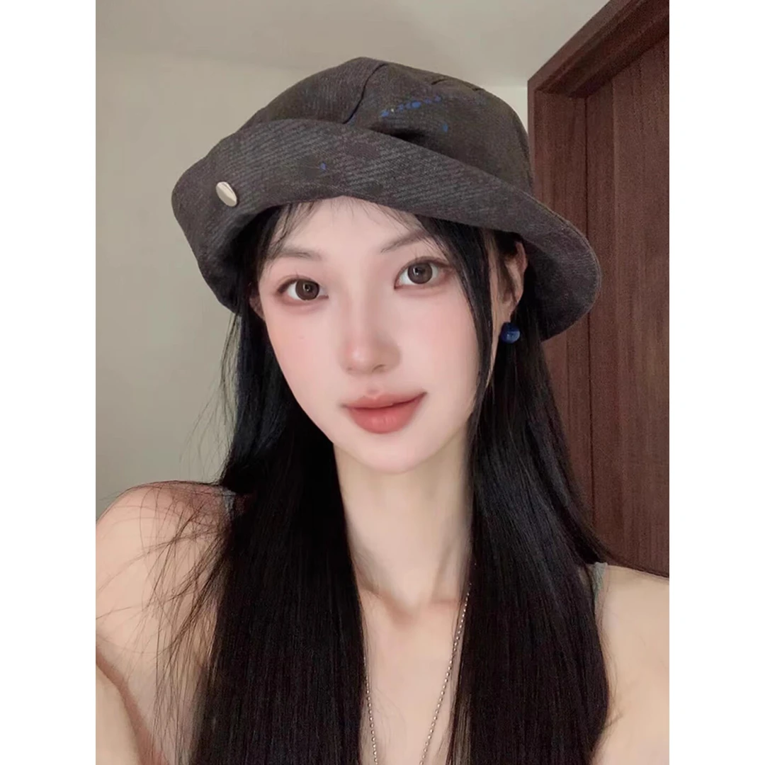 日系涂鸦卷边渔夫帽子女春秋季新款小众设计百搭宽檐显脸小盆帽潮