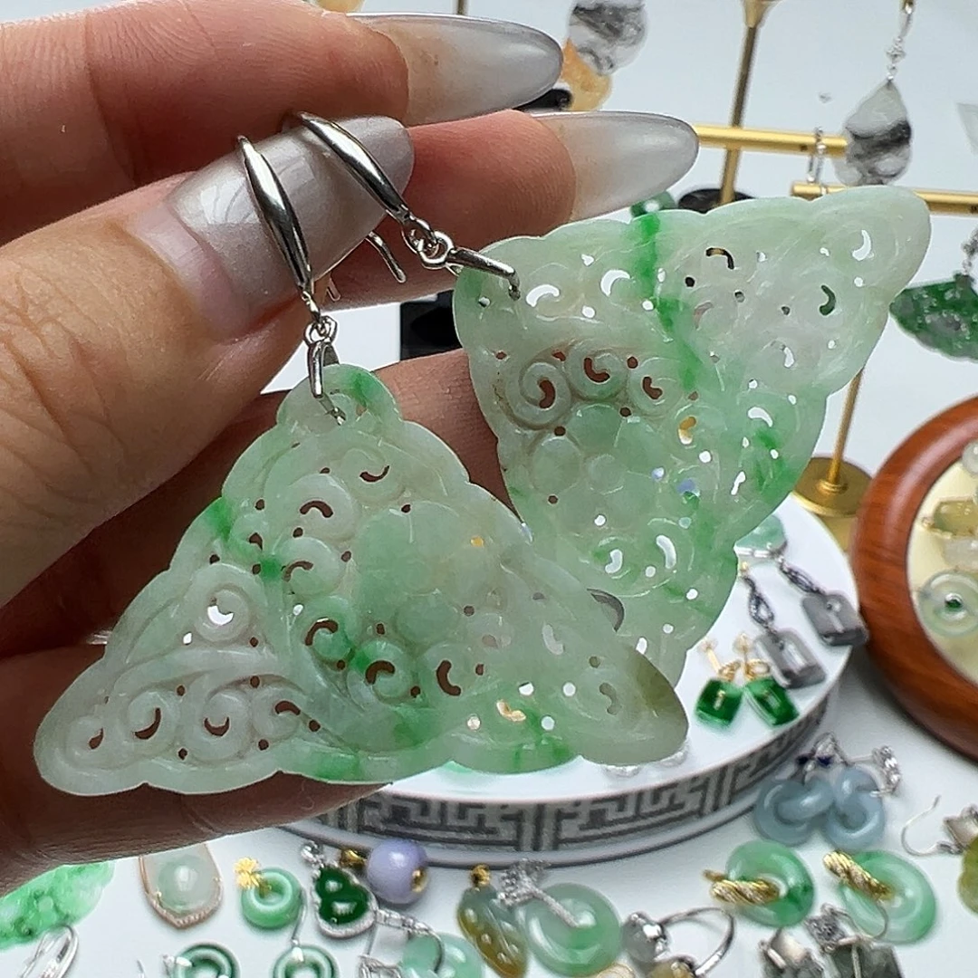 翡翠银S925镶嵌耳饰天然缅甸A货翡翠