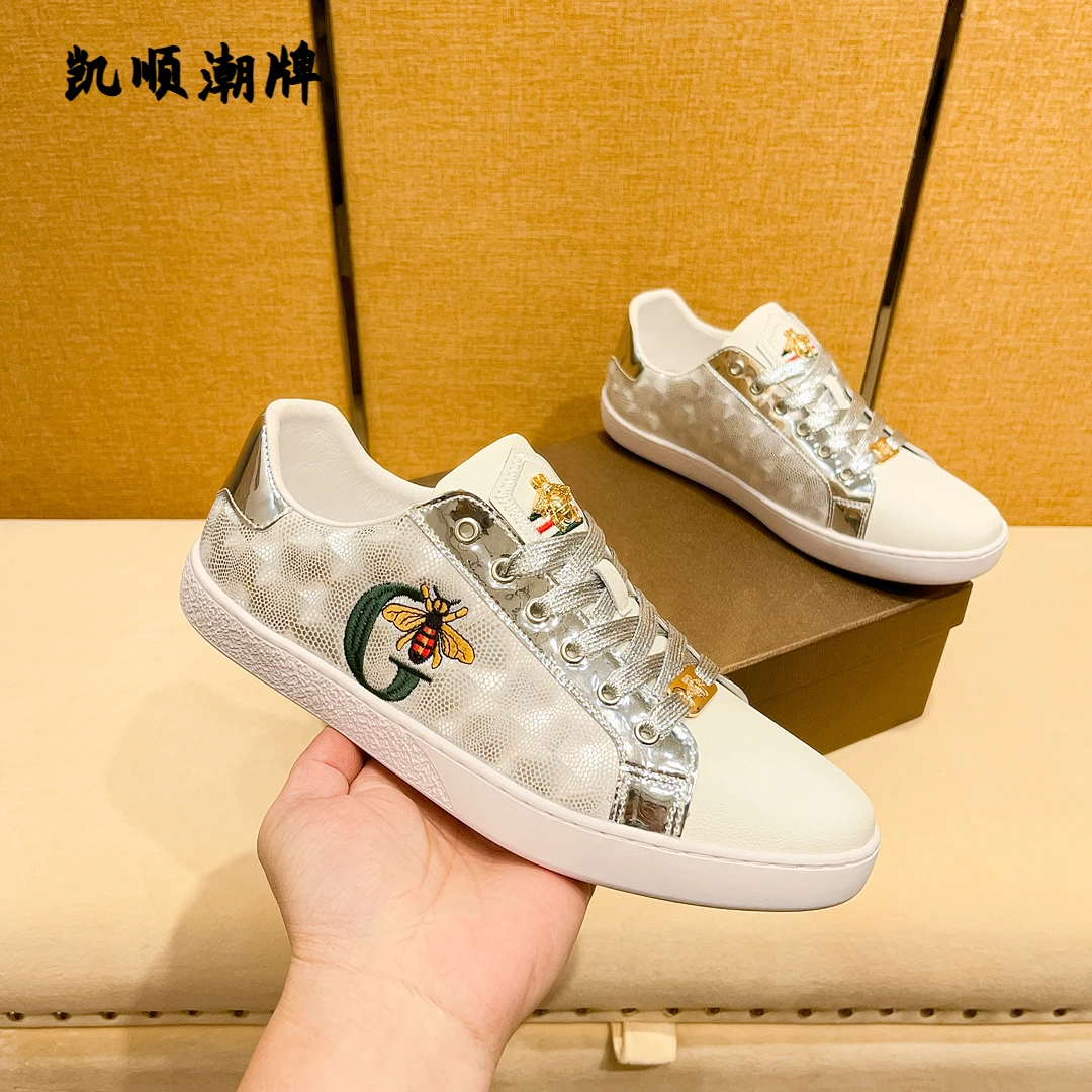 欧洲站头层牛皮夏季潮牌小蜜蜂真皮小白鞋时尚刺绣透气潮流休闲鞋