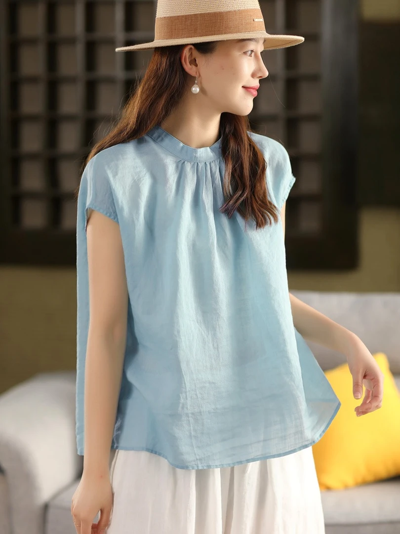 新款【前后两穿不透肉】100%苎麻短袖衬衫领口压褶衬衣苎麻上衣女