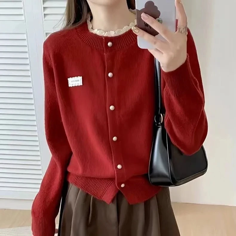 蕾丝毛衣外套宽松春秋针织衫2025新款花边温柔风圆领开衫短款上衣