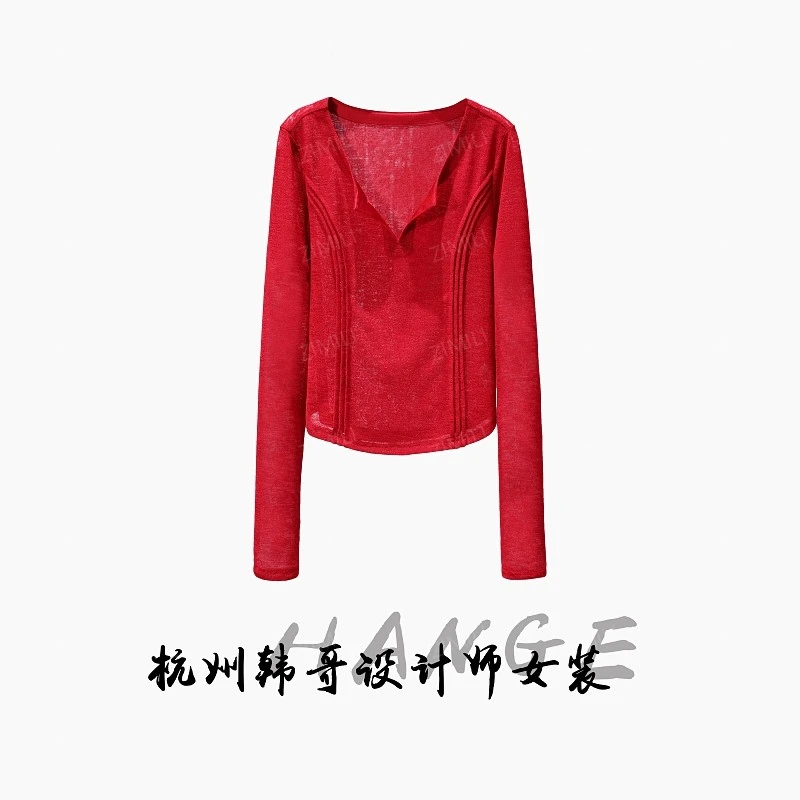 【韩哥女装】欧版设计师同款安可拉红褶线长袖V领高弹上衣9093-A0