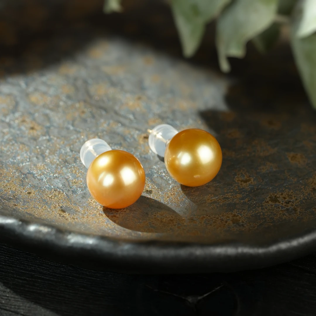 【壹芳珠宝】天然海水珍珠南洋金珠18k金镶耳钉10mm