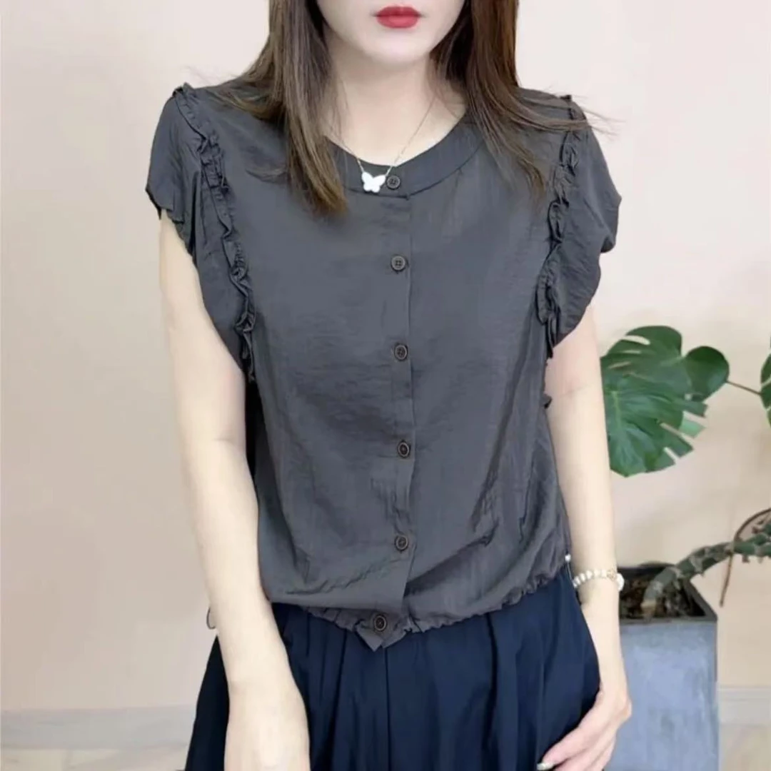 夏季新款女士上衣时尚百搭宽松显瘦法式短袖设计感纯色洋气衬衫