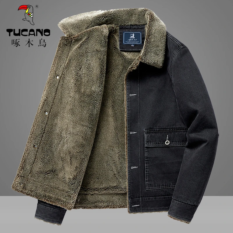 啄木鳥男士加绒保暖运动休闲翻领棉衣秋冬季潮流百搭工装牛仔棉服
