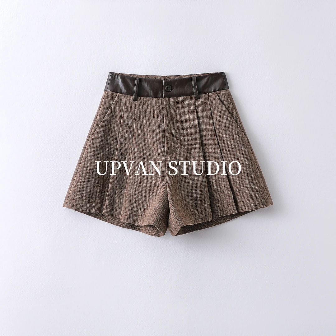 UPVAN 棕调毛呢短裙裤｜皮腰点缀 利落显腿型