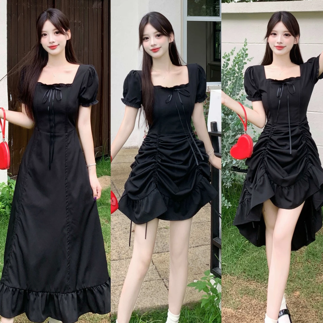 大码法式赫本风方领连衣裙夏季胖mm显瘦高级感小黑裙气质收腰长裙
