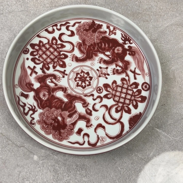 摆件瓷釉里红狮子大壶尘