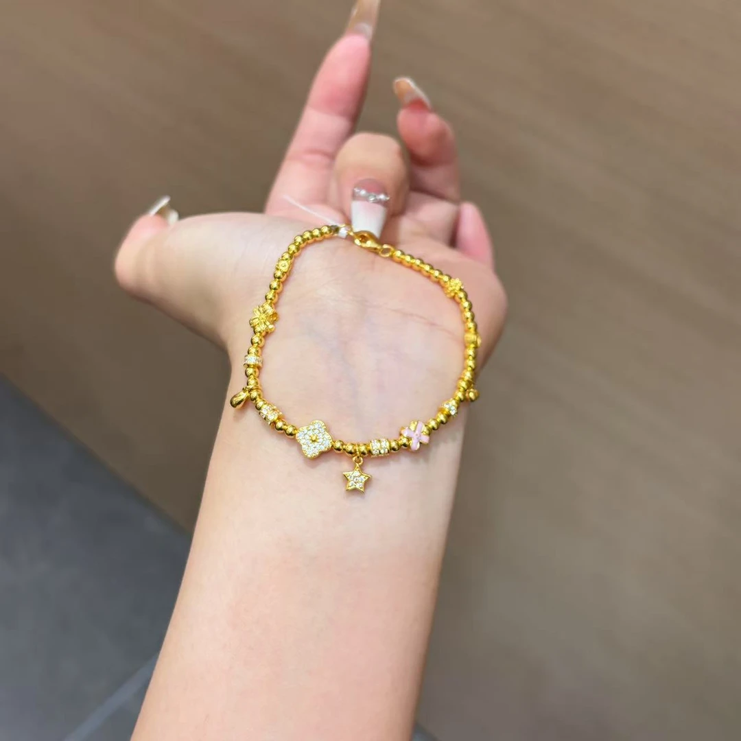 【菠萝珠宝】足金999 时尚好运满钻四叶草手链 金重：11.34克