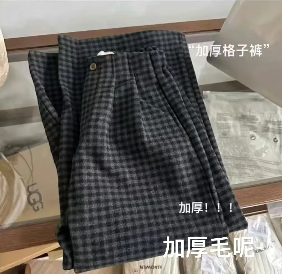 .加厚毛呢格子裤松紧腰百搭时尚休闲格纹裤子慵懒宽松阔腿裤冬季