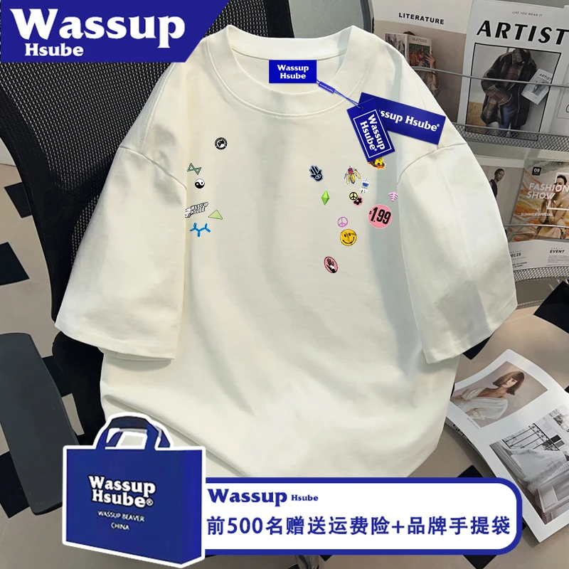 WASSUP HSUBE国潮夏季创意涂鸦印花上衣白色百搭T恤纯棉男女短袖