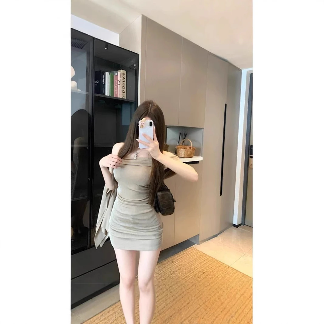 纯欲风飘带一字领连衣裙女夏性感气质收腰包臀裙短裙夏季