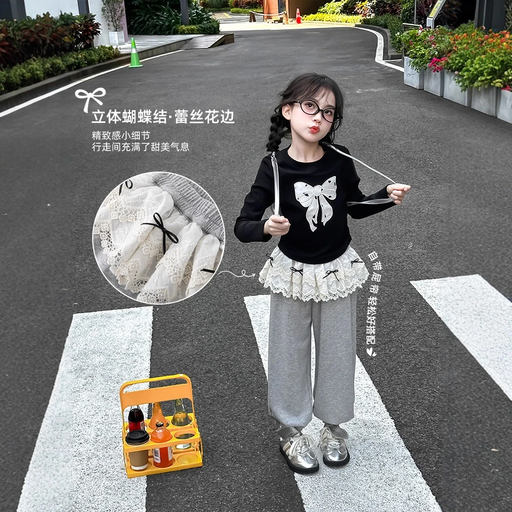 秋季新款女童蝴蝶结秋冬休闲打底衫+花边卫裤套装洋气儿童