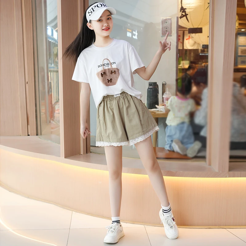女童夏装套装2025新款青少年初高中生女孩休闲时尚短袖短裤两件套