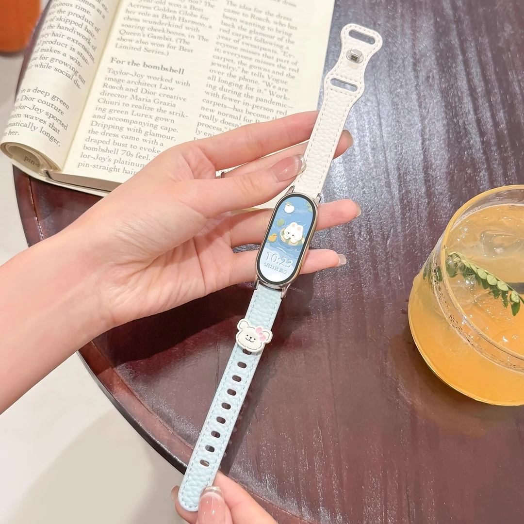 适用小米手环9/10表带皮质8/7/6/5可爱线条小狗智能运动夏天腕带