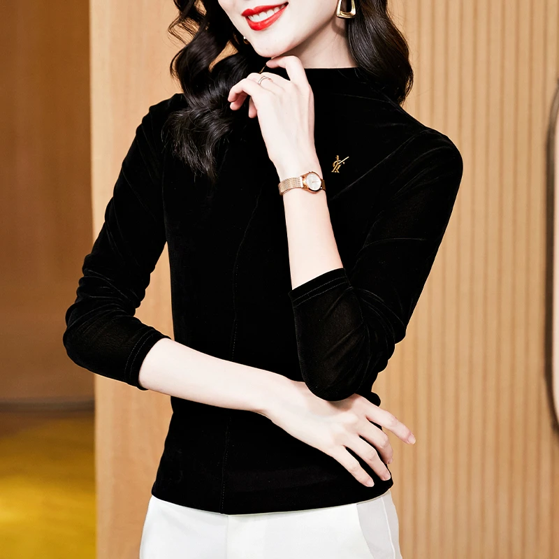 半高领金丝绒打底衫女内搭秋季2025新款高端洋气小衫长袖t恤上衣