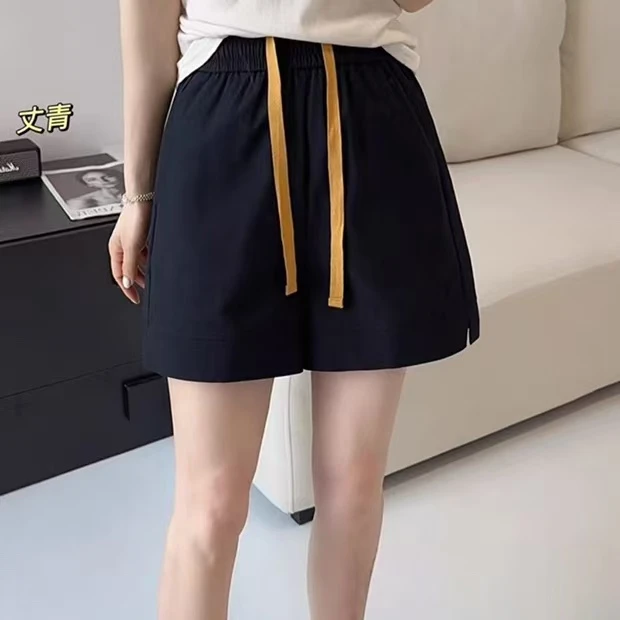 「金小姐」A字阔版松紧腰抽绳小开叉休闲短裤～