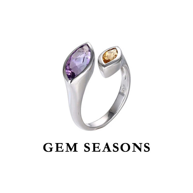 GEM SEASONS天然紫水晶黄水晶戒指 马眼型切割简约时尚银戒指百搭