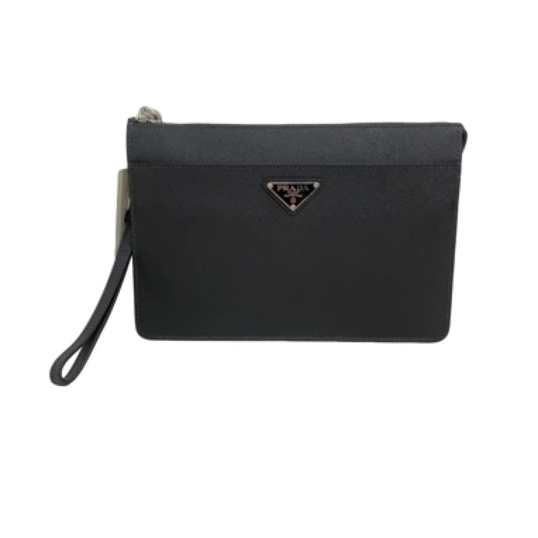 全新未使用 Prada/普拉达 男士时尚百搭全皮黑色十字纹手拿包/273