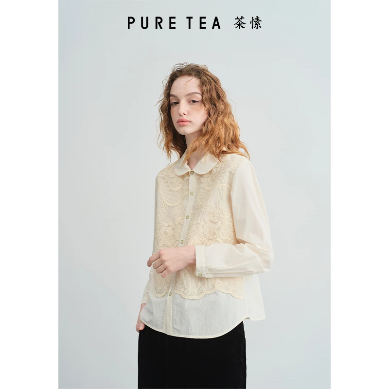 【瓷白刻花】绣花棉衬衫女娃娃领长袖蕾丝衫2024冬KB0201D11