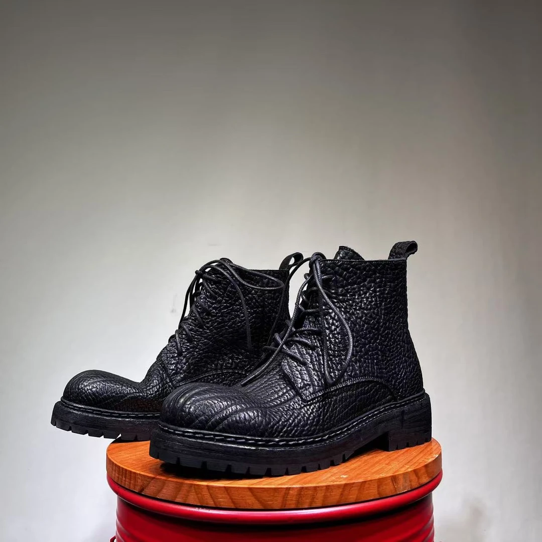 欧美高端手工固特异野牛皮男鞋大头厚底系带增高商务休闲男士皮鞋