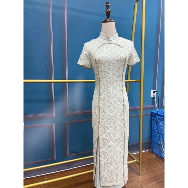 V-2611 春不误 绿色钩花蕾丝 奥黛 夏款年轻款改良旗袍120cm长款