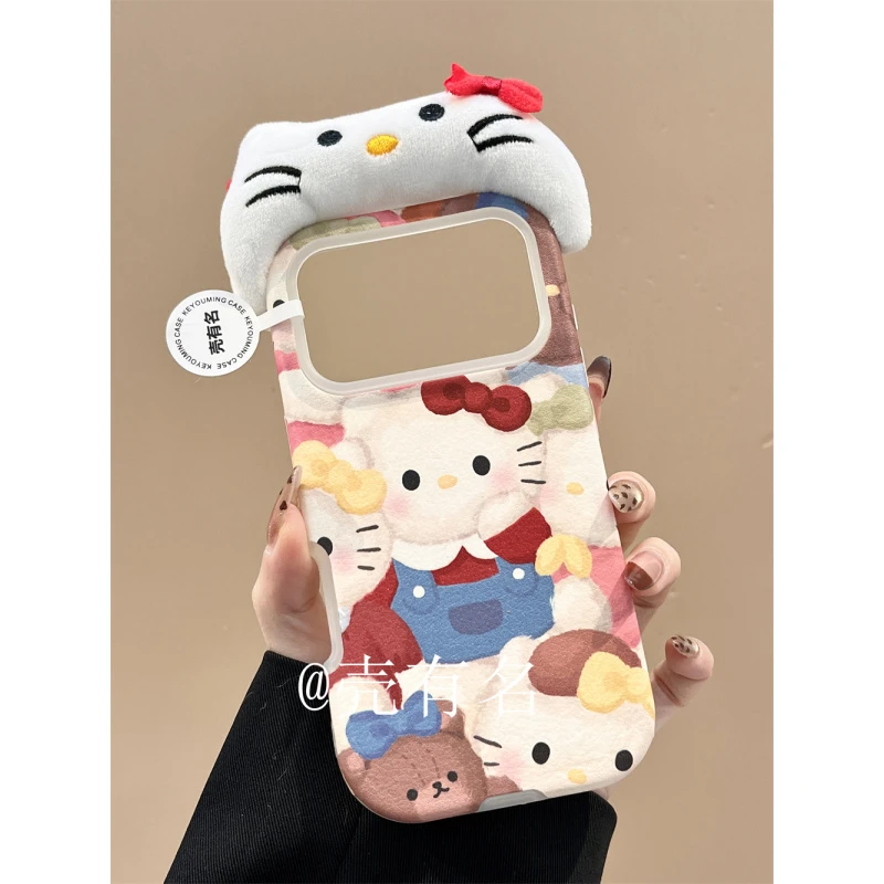 可爱立体毛绒头套托脸kitty猫适用苹果17手机壳iPhone16/15皮纹14