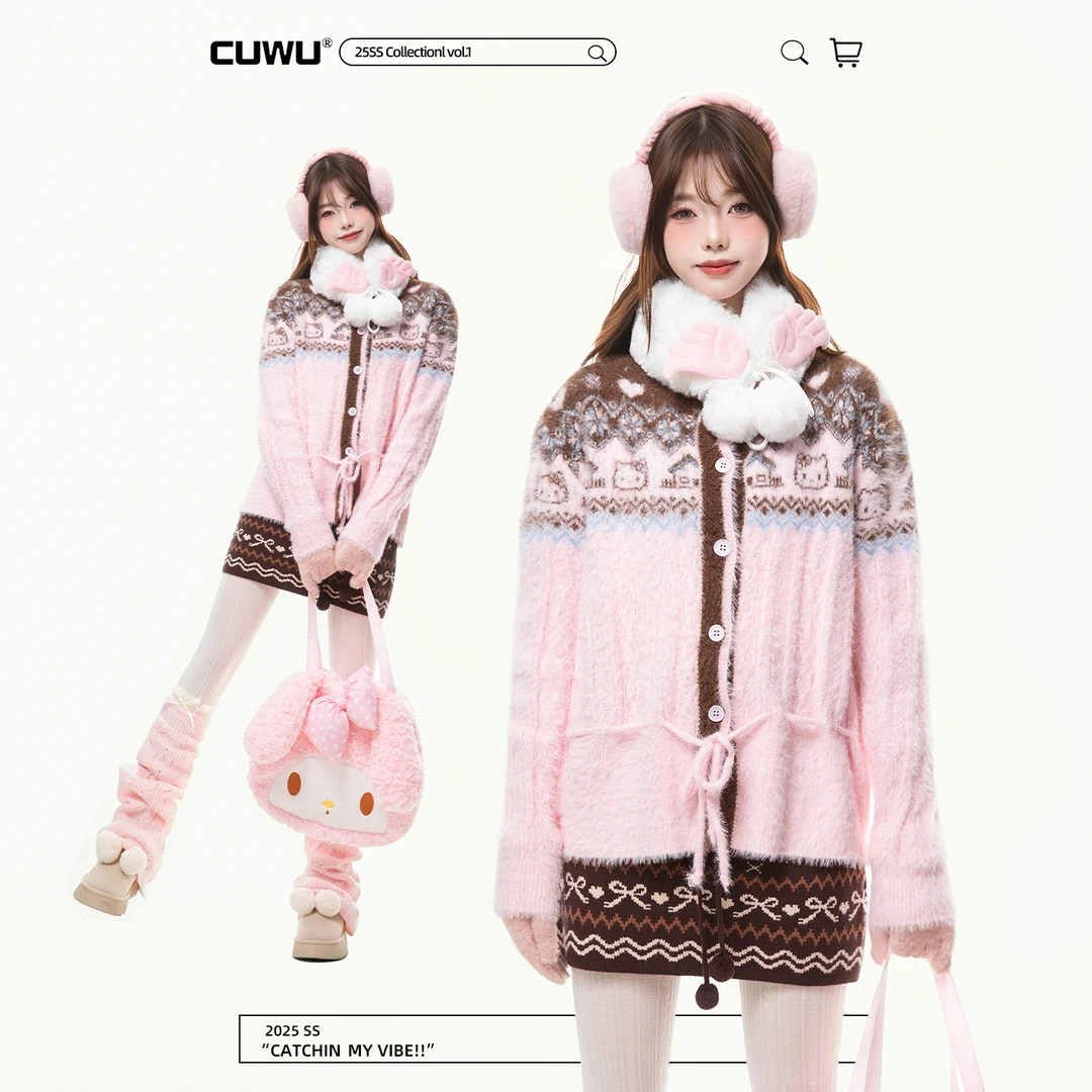 cuwu费尔岛甜美Kitty猫提花短款毛衣外套女秋冬收腰显瘦针织开衫