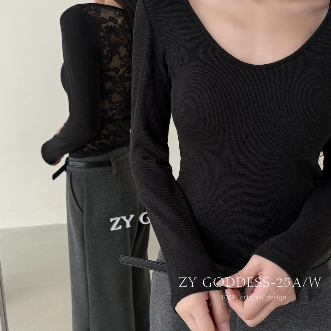 德绒打底衫撩人美背U领拼接蕾丝后背免穿内衣自带3057