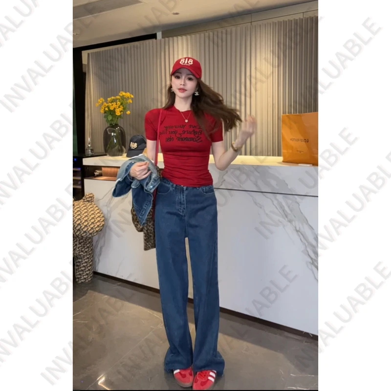 印花短袖字母设计感短款复古T恤宽松修身chic风辣妹直筒常规