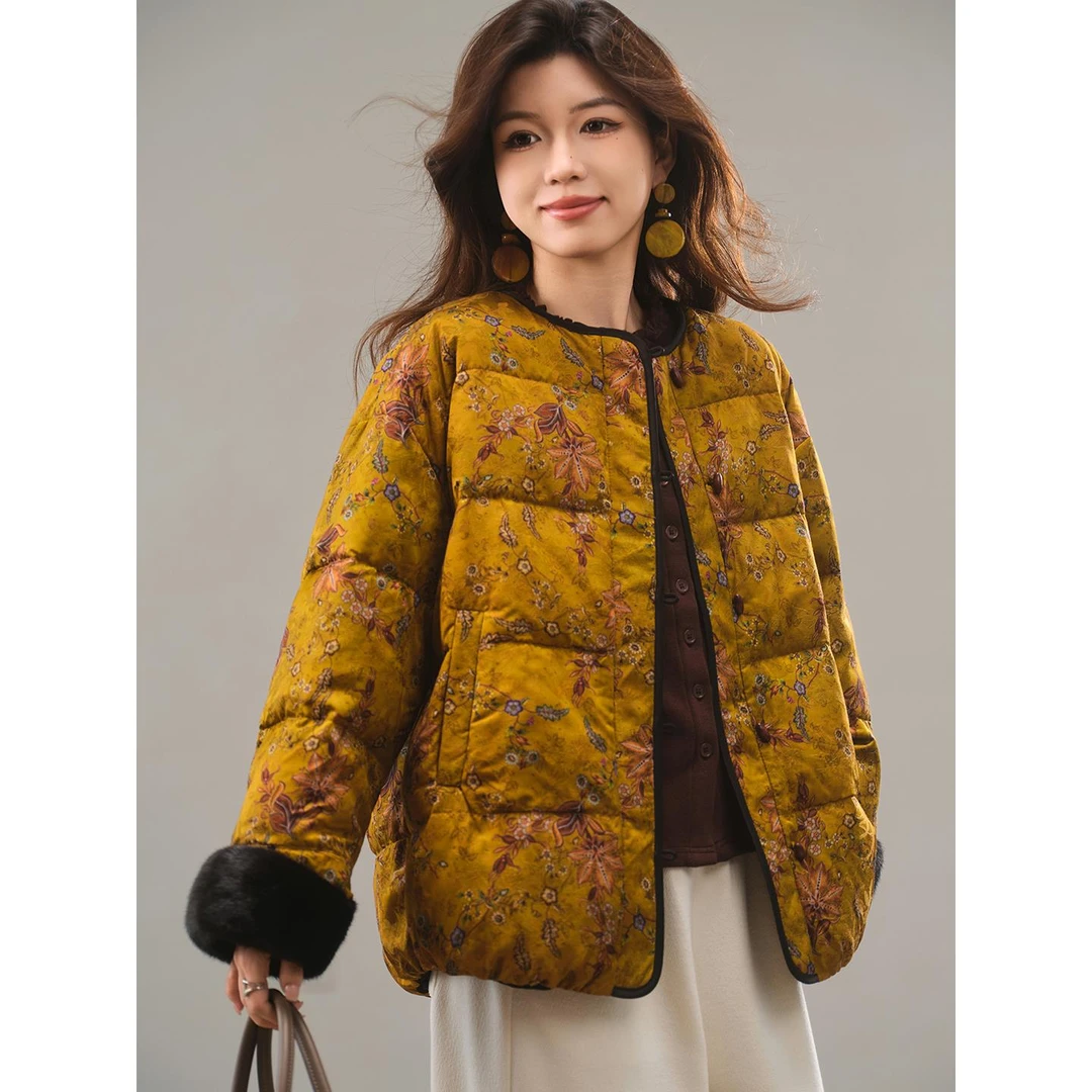 DUCURNO新中式提花羽绒服女短款2025冬季新款国风复古双面穿外套