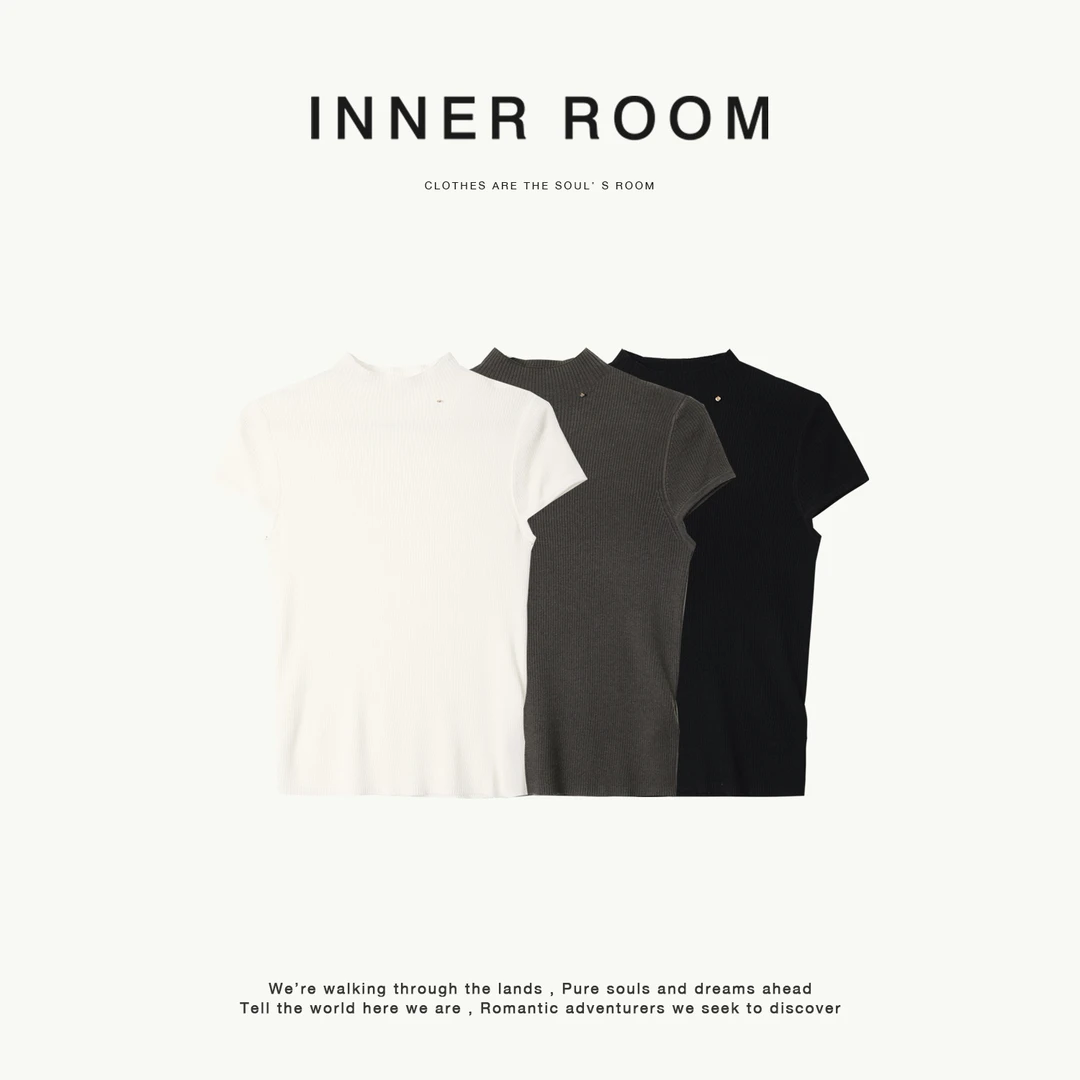 INNER ROOM天然羊毛修身短袖圆领针织上衣女弹力显瘦打底针织T
