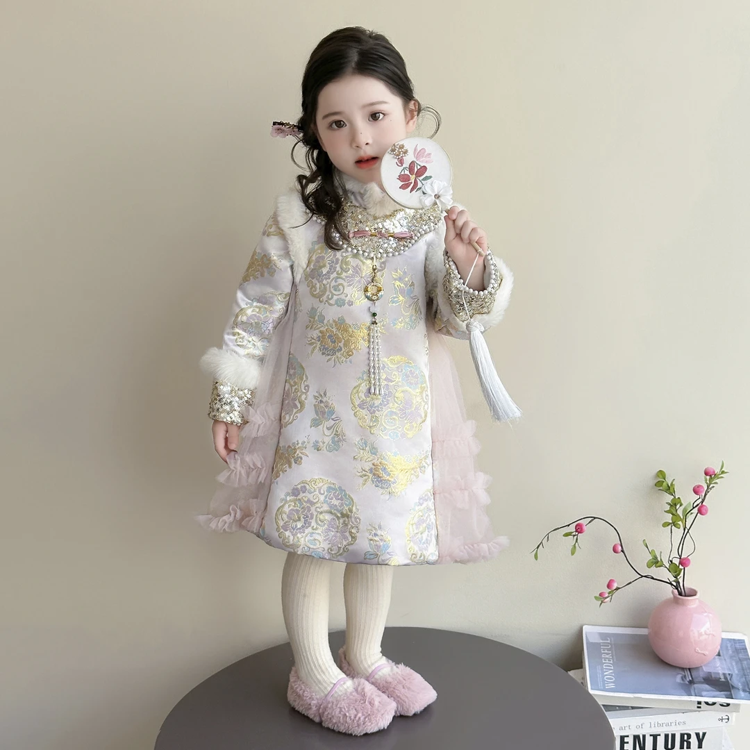 女童中国风旗袍裙冬装2025新款洋气儿童唐装拜年服女孩新年公主裙