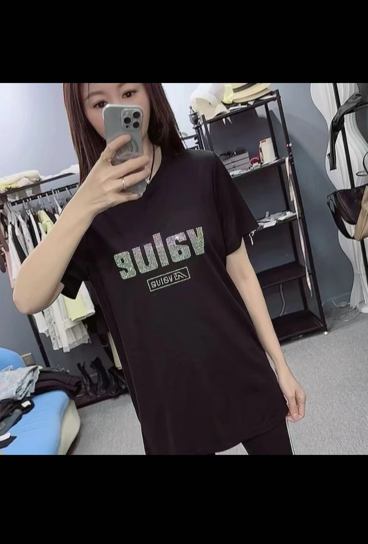 885C短袖中长款圆领通勤吸汗烫钻T恤宽松半袖ins显瘦时尚韩版大码