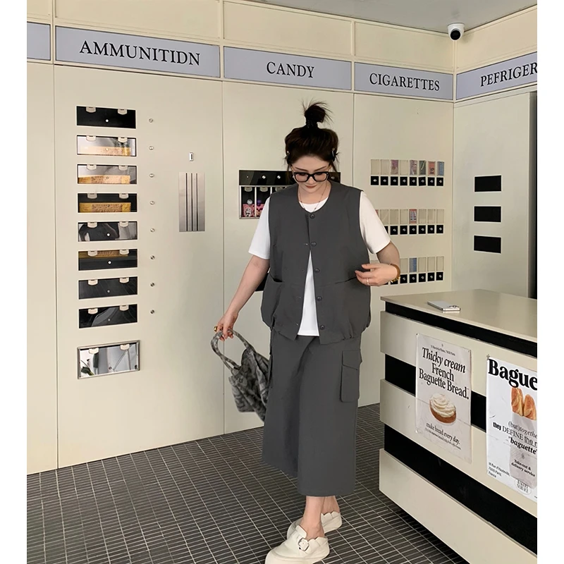 【胖佳佳】现货~杂志社 工装风马甲外套半身裙时尚两件套H625A07230