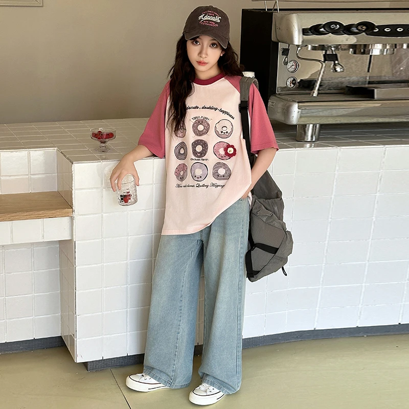 女童夏装短袖套装2025新款洋气时髦儿童装夏季女大童牛仔裤两件套