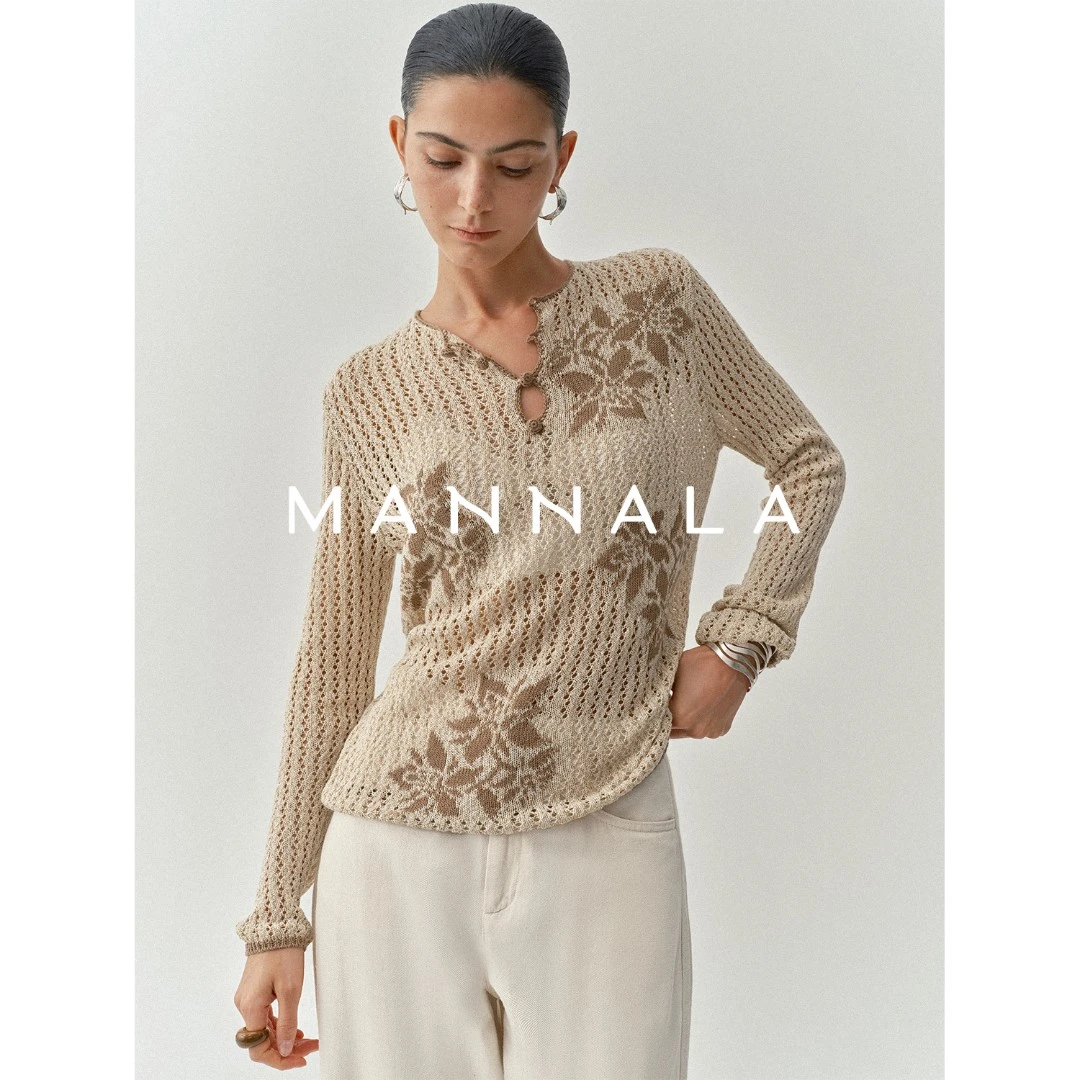 MANNALA丨“棕叶花”精致镂空肌理花朵落肩防晒针织罩衫 Q4510