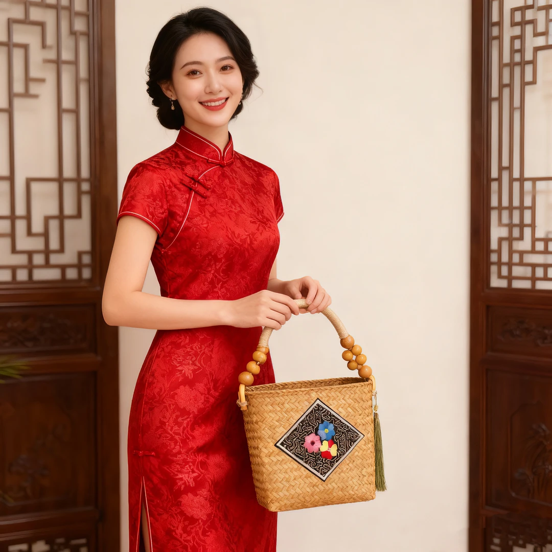 原创民族风刺绣帆布手提包复古休闲串珠拉链手机包女款手拎包