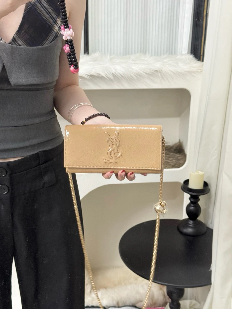 95新 YSL/圣罗兰 ysl奶茶色漆皮手拿包