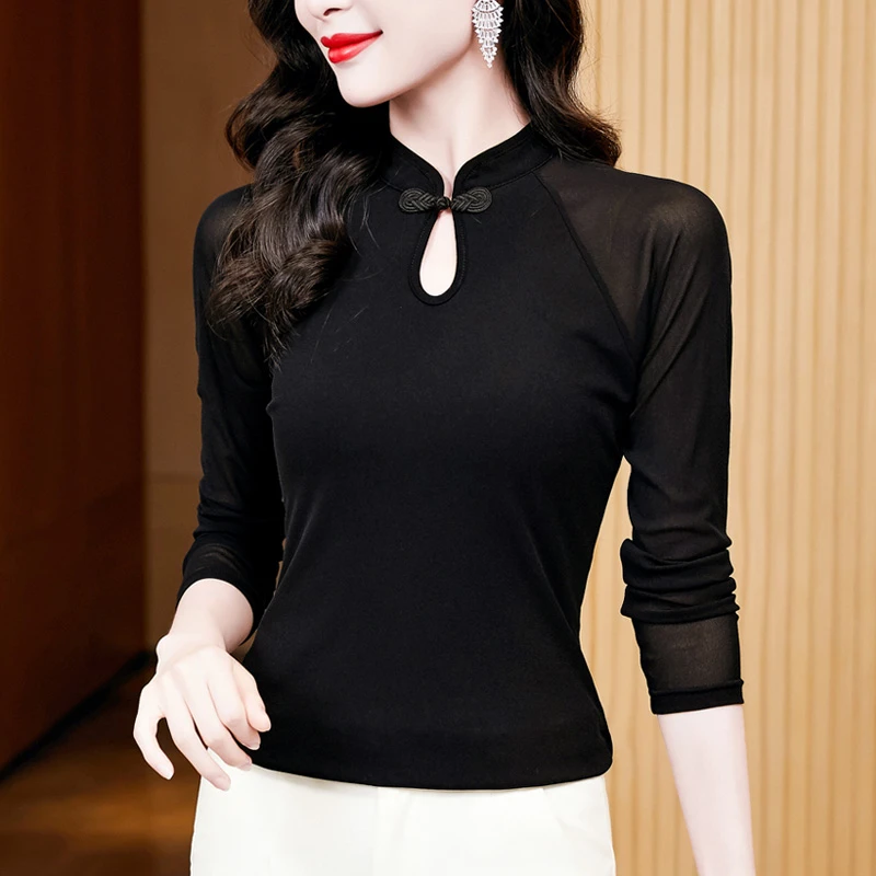新款古典中式黑色修身显瘦长袖网纱打底t恤
