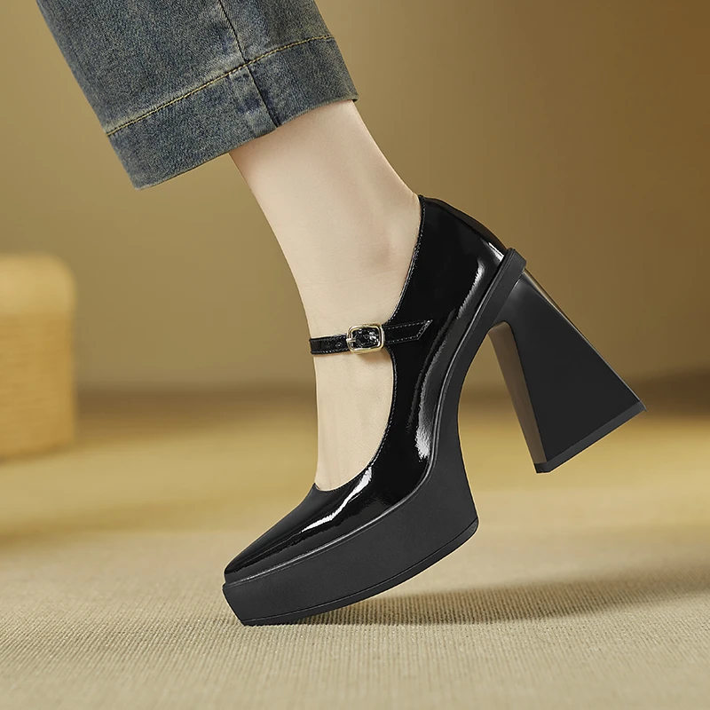 9.5cm法式厚底玛丽珍鞋女粗跟尖头气质单鞋真皮防水台超高跟不累