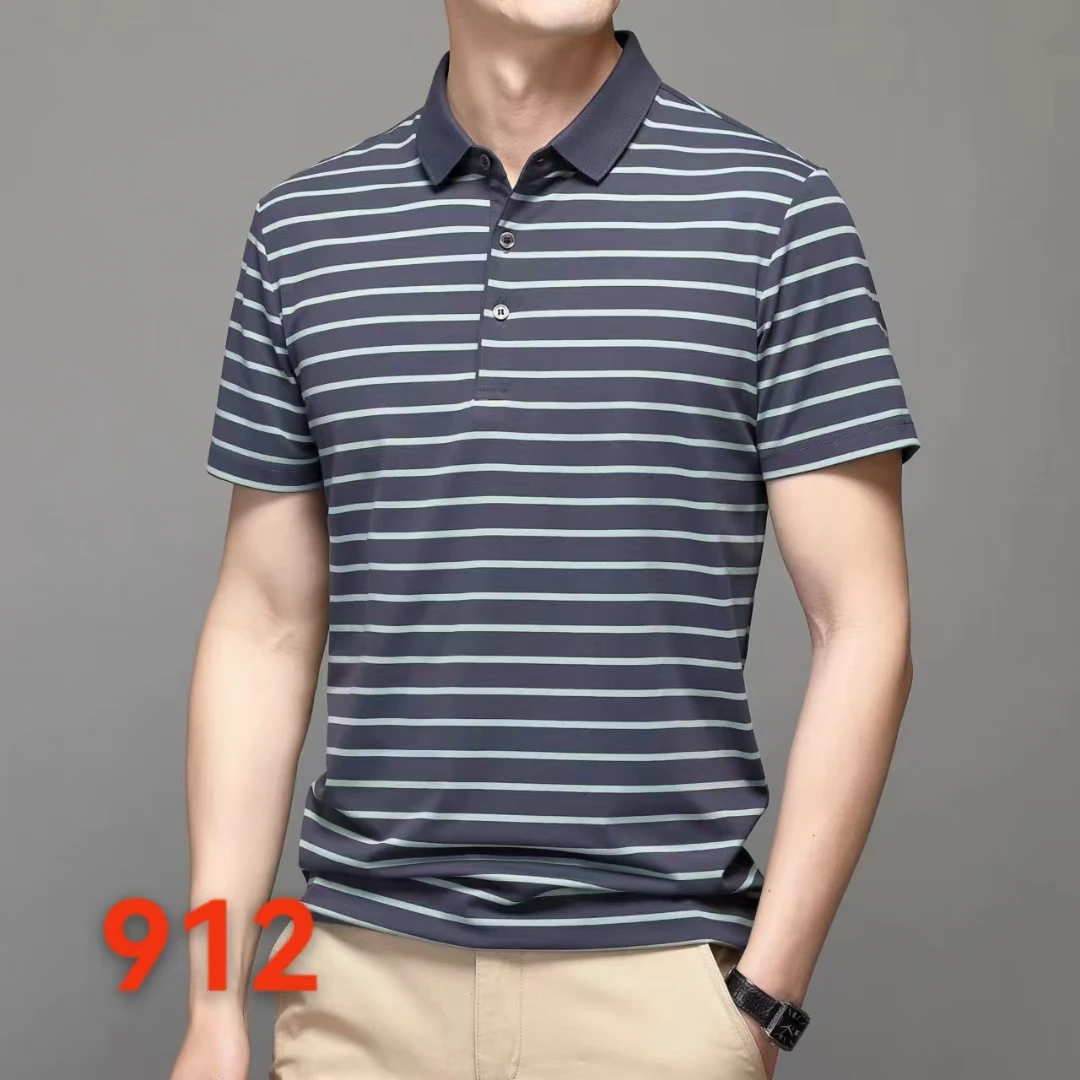 凉感短袖POLO衫男士夏季新款冰丝翻领条纹半袖上衣休闲透气薄款