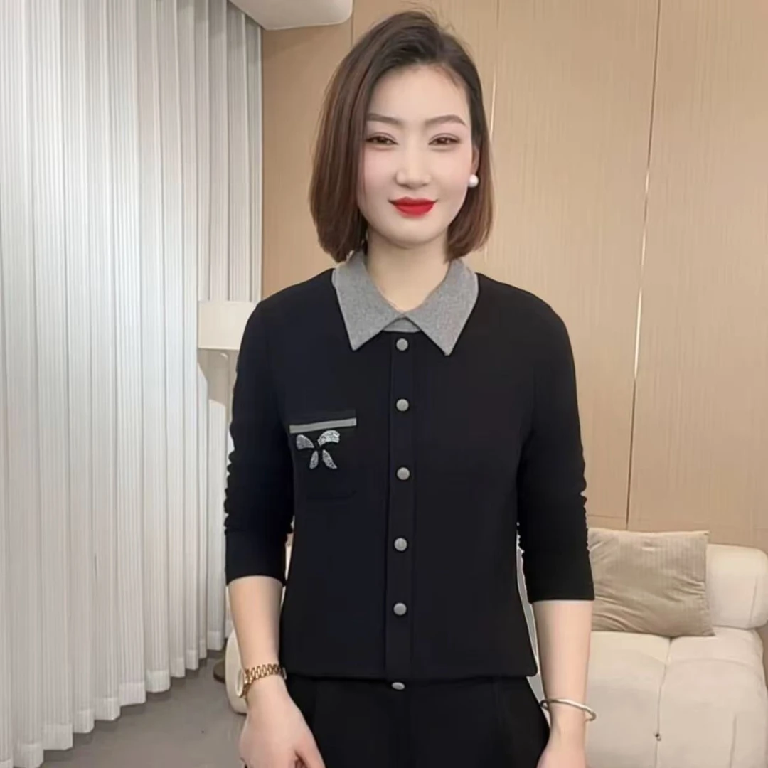 新款女士冬季上衣双面绒保暖百搭拼色撞色气质翻领宽松显瘦T恤