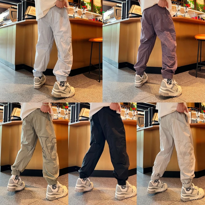 夏季简约纯色时尚百搭创意字母刺绣轻薄透气男士松紧腰束脚休闲裤