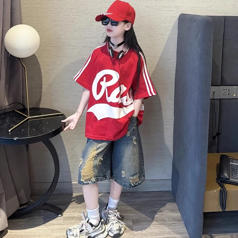 中性夏装套装2025新款儿童休闲时尚夏季中大童T恤牛仔裤两件套