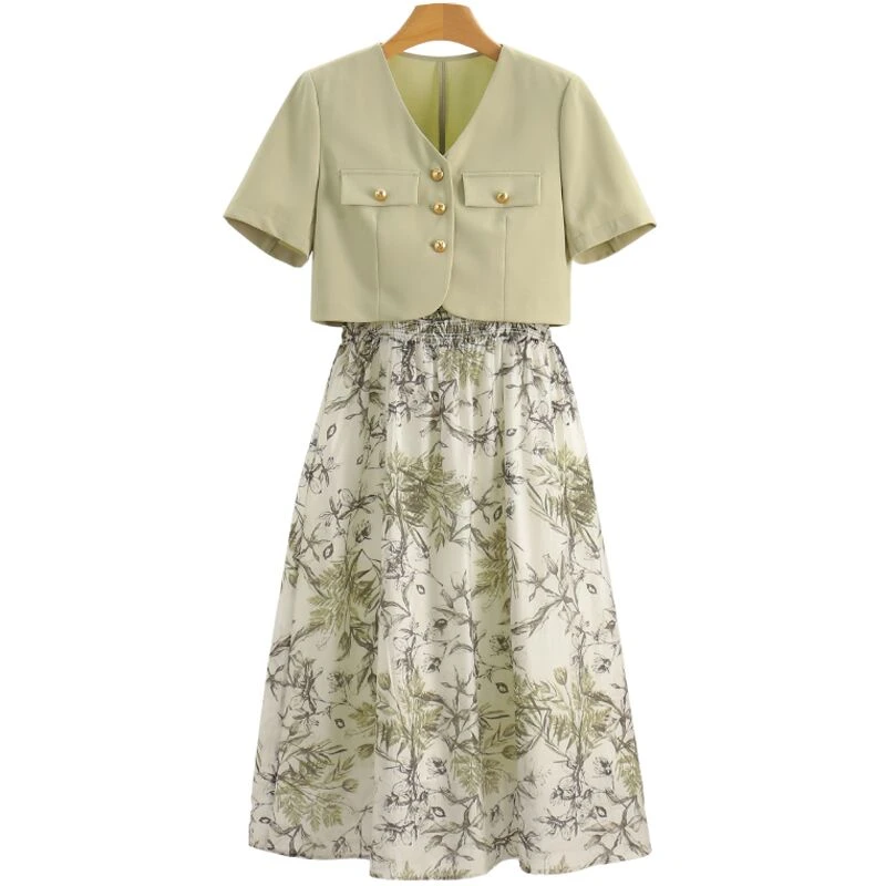 F1590-【影】V领高腰碎花吊带裙两件套连衣裙#BXY56T013