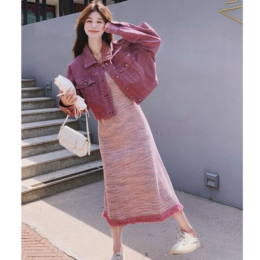韩系穿搭一整套牛仔外套吊带裙套装女秋2025新款针织连衣裙两件套