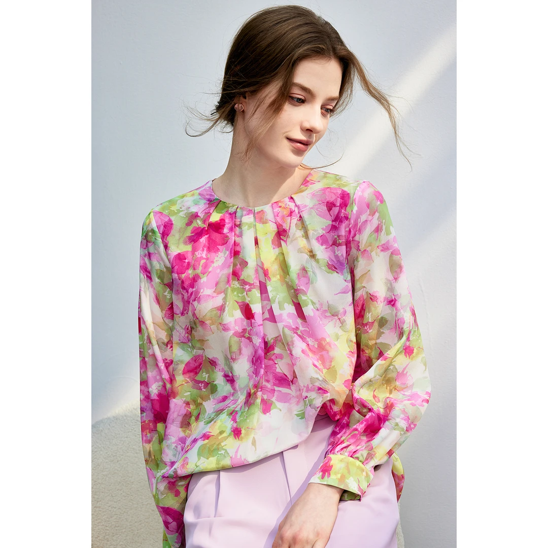 纤纤家 花景绮梦 2025春季新款圆领长袖真丝衬衫桑蚕丝印花上衣女